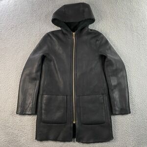 Sandro Shearling Leather Coat US size 4 Reversible Hooded Jacket Black Green EUC
